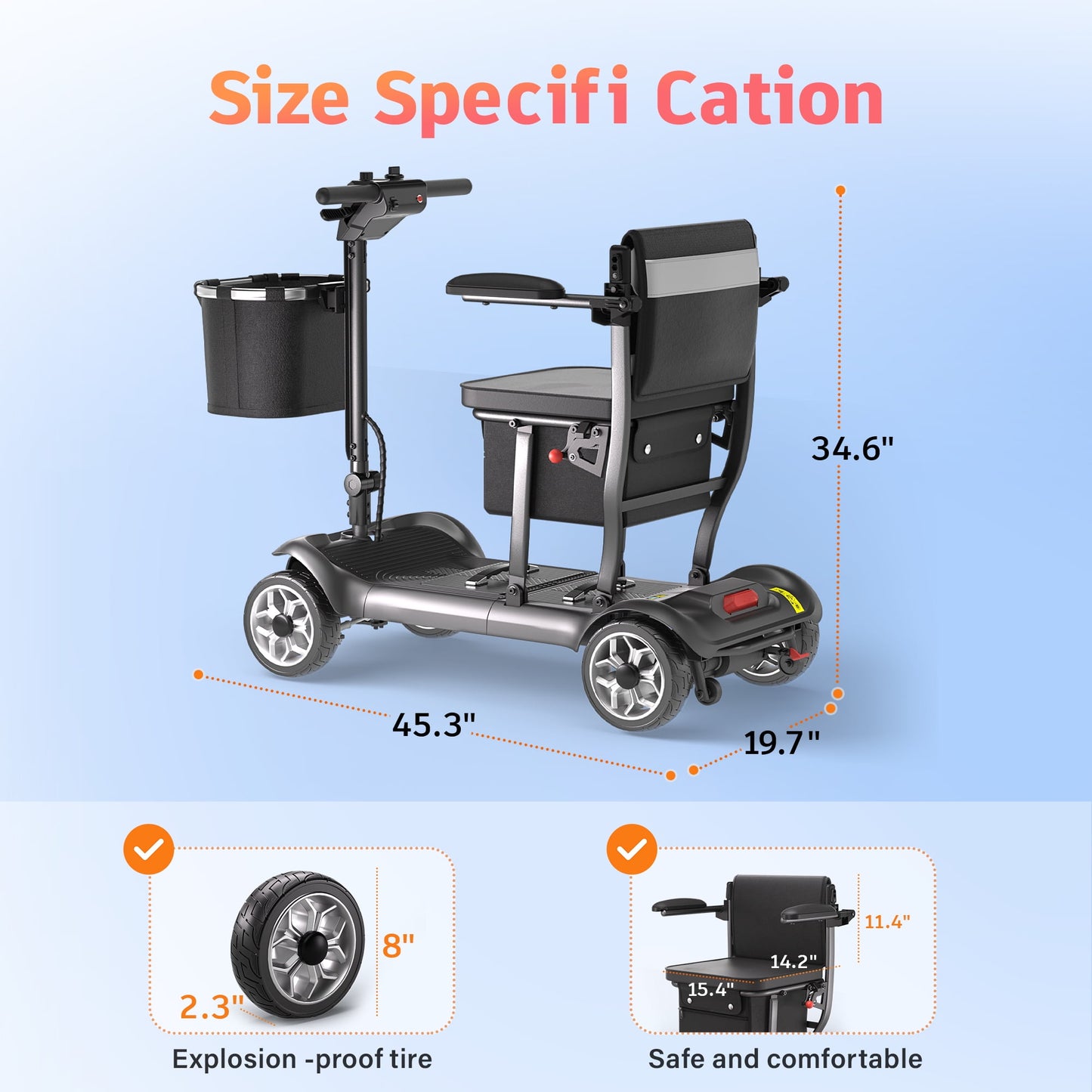 EAGLOG YL-985 4 Wheels Mobility Scooter for Seniors, Electric Folding Wheelchair Device for Travel, 1 Battery, Black