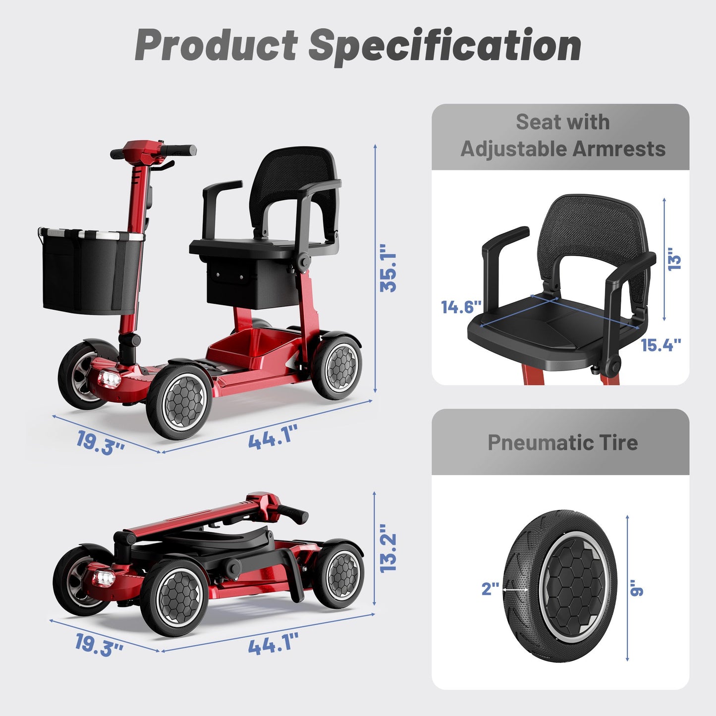 EAGLOG Lightweight Mobility Scooter for Seniors, Foldable Motorized Scooters with Removable Lithium Battery, Pneumatic Tires, Airport Approved, 12.4 Miles Range, 330lb Capacity, Red