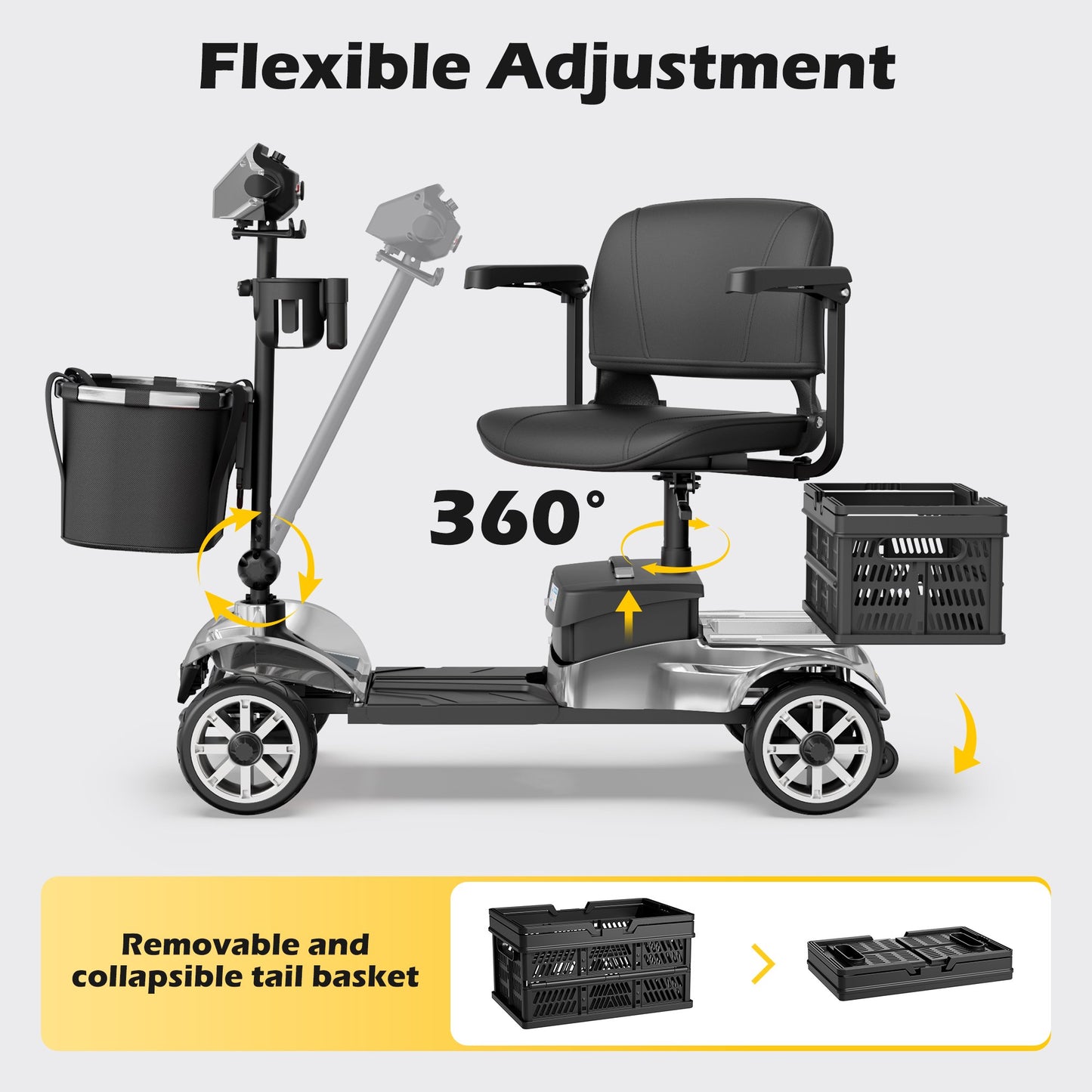 EAGLOG Upgrade 4 Wheels Mobility Scooter with Removable Battery, Compact Heavy Duty Mobile for Travel, Foldable Powered Wheelchair for Adult, 330lbs, 2 Batteries, 30 Miles Range, Silver