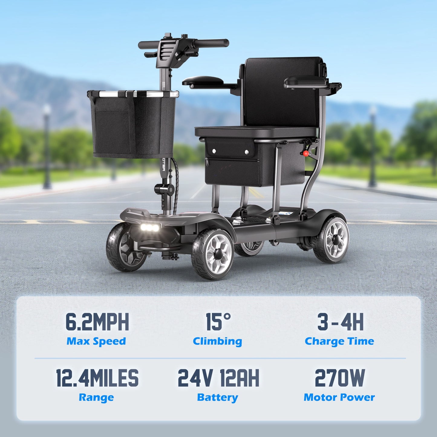 REARFIT Lightweight 4 Wheel Mobility Scooter for Seniors, Cruise Airport Approved, 43lb Foldable Mobility Scooter with Removable Lithium Battery for 12.4 Miles Travel, 300lbs Capacity, Black