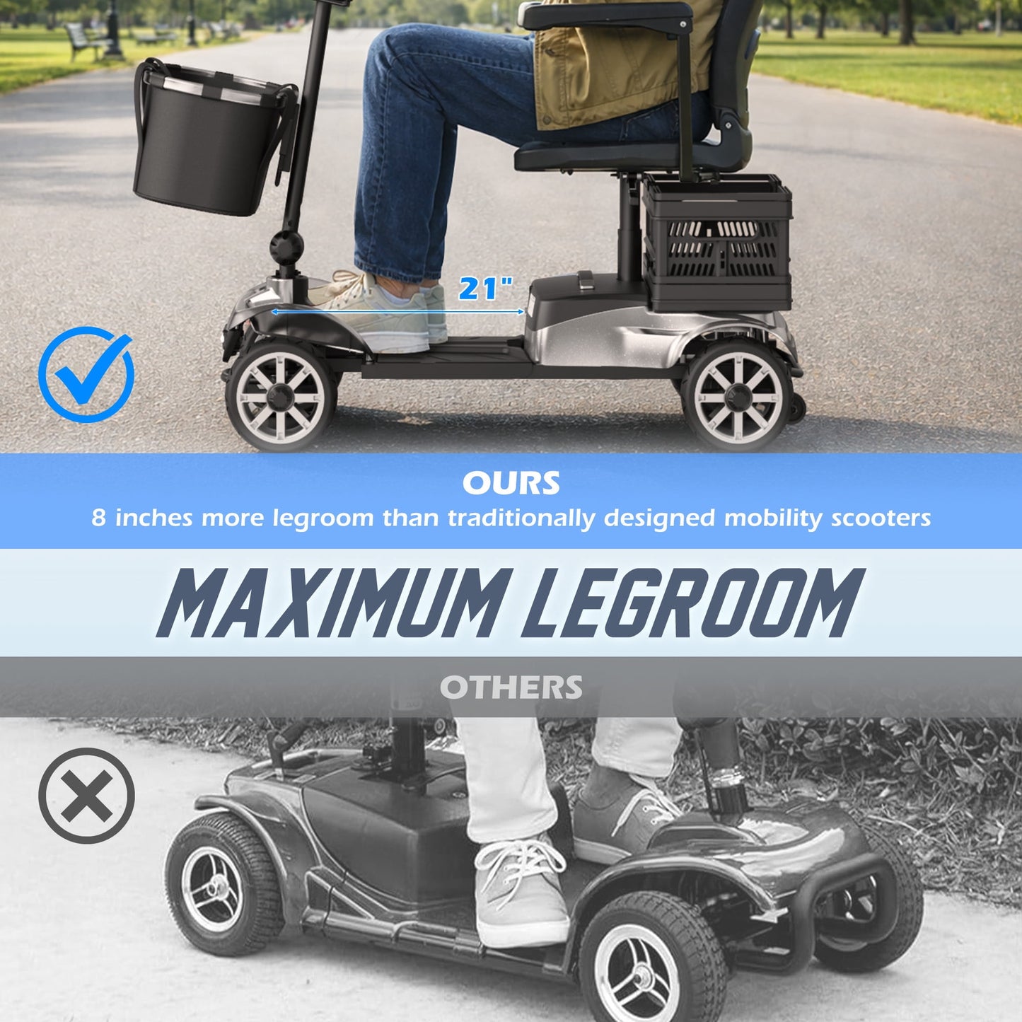 REARFIT Foldable 4 Wheels Mobility Scooter for Seniors, Electric Wheelchair with Detachable Battery, Dual Baskets, Cup & Phone Holder, 330lbs, Silver