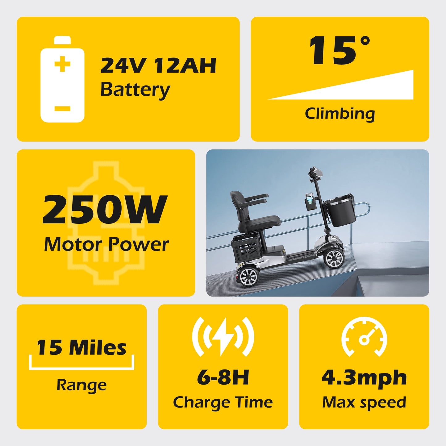 EAGLOG Upgrade 4 Wheels Mobility Scooter with Removable Battery, Compact Heavy Duty Mobile for Travel, Foldable Powered Wheelchair for Adult, 330lbs, Silver