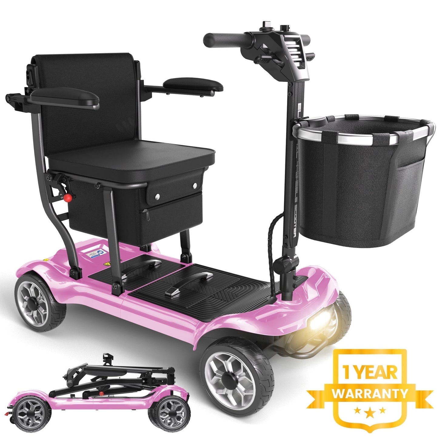 EAGLOG Light Weight 4 Wheels Mobility Scooter for Seniors, Electric Folding Wheelchair Device for Travel, Pink