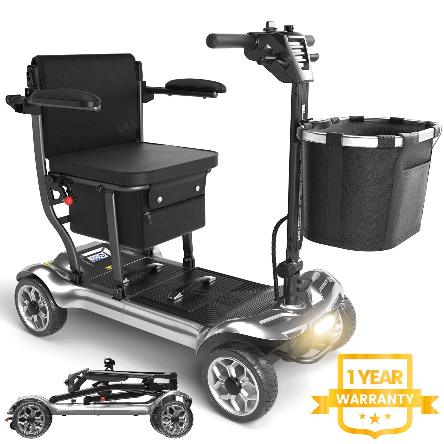 EAGLOG Light Weight 4 Wheels Mobility Scooter for Seniors, Electric Folding Wheelchair Device for Travel, 12.4 Miles Range, Silver