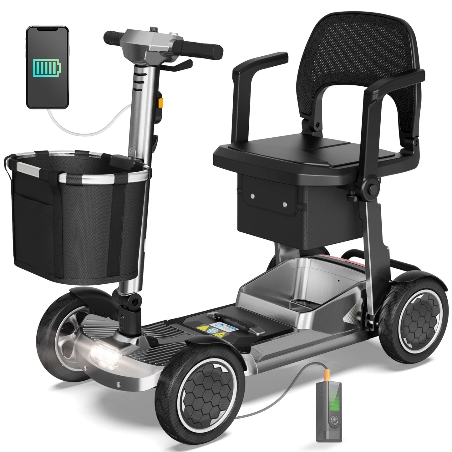 EAGLOG Lightweight Mobility Scooter for Seniors, Foldable Motorized Scooters with Removable Lithium Battery, Pneumatic Tires, Airport Approved, 12.4 Miles Range, 330lb Capacity, Silver