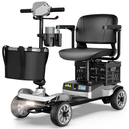EAGLOG Upgrade 4 Wheels Mobility Scooter with Removable Battery, Compact Heavy Duty Mobile for Travel, Foldable Powered Wheelchair for Adult, 330lbs, 2 Batteries, 30 Miles Range, Silver