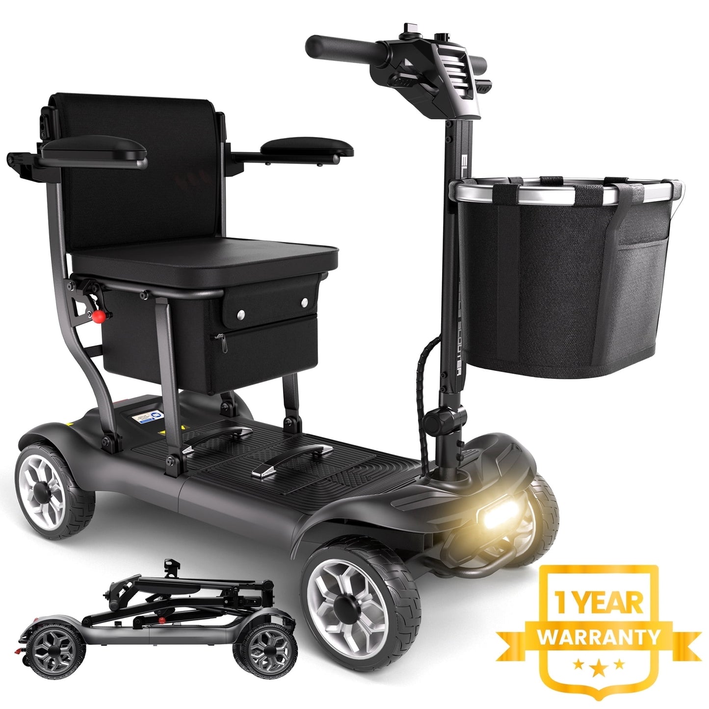 EAGLOG Light Weight 4 Wheels Mobility Scooter for Seniors, Electric Folding Wheelchair Device for Travel, 12.4 Miles Range, Black