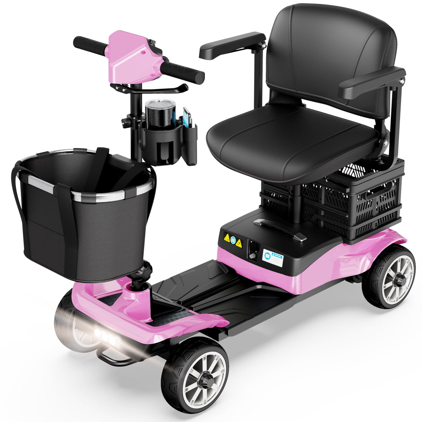 REARFIT Foldable 4 Wheels Mobility Scooter for Seniors, Electric Wheelchair with Detachable Battery, Dual Baskets, Cup & Phone Holder, 330lbs, Pink