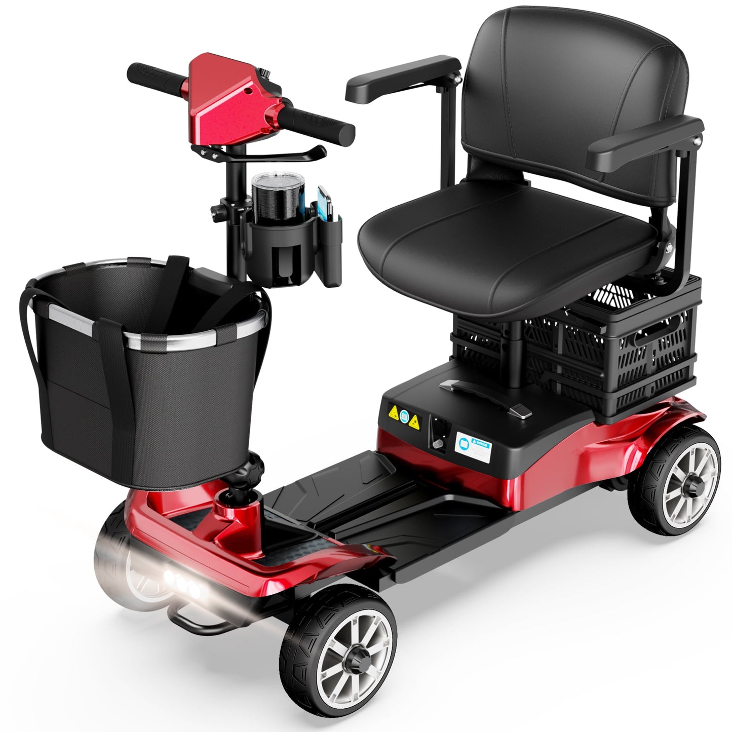 REARFIT Foldable 4 Wheels Mobility Scooter for Seniors, Electric Wheelchair with Detachable Battery, Dual Baskets, Cup & Phone Holder, 330lbs, Red