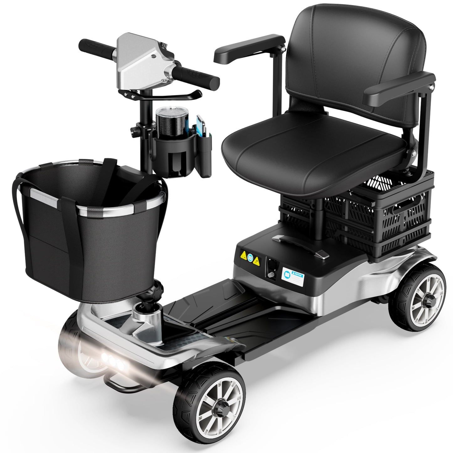 REARFIT Foldable 4 Wheels Mobility Scooter for Seniors, Electric Wheelchair with Detachable Battery, Dual Baskets, Cup & Phone Holder, 330lbs, Silver