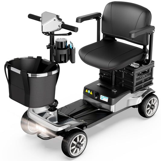 REARFIT Foldable 4 Wheels Mobility Scooter for Seniors, Electric Wheelchair with Detachable Battery, Dual Baskets, Cup & Phone Holder, 330lbs, Silver
