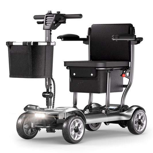 REARFIT Lightweight 4 Wheel Mobility Scooter for Seniors, Cruise Airport Approved, 43lb Foldable Mobility Scooter with Removable Lithium Battery for 12.4 Miles Travel, 300lbs Capacity, Silver