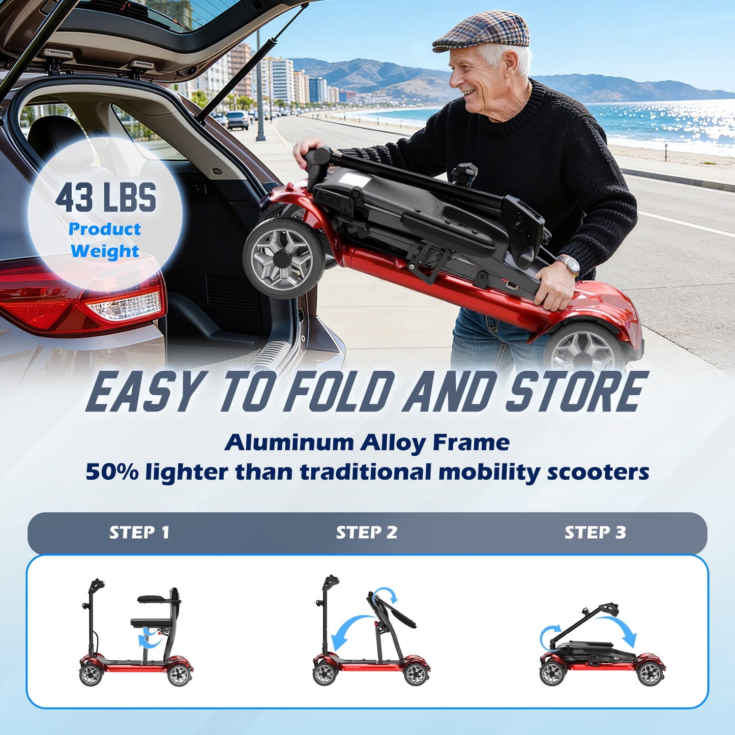 REARFIT Lightweight 4 Wheel Mobility Scooter for Seniors, Cruise Airport Approved, 43lb Foldable Mobility Scooter with Removable Lithium Battery for 30.4 Miles Travel, 300lbs Capacity, Red