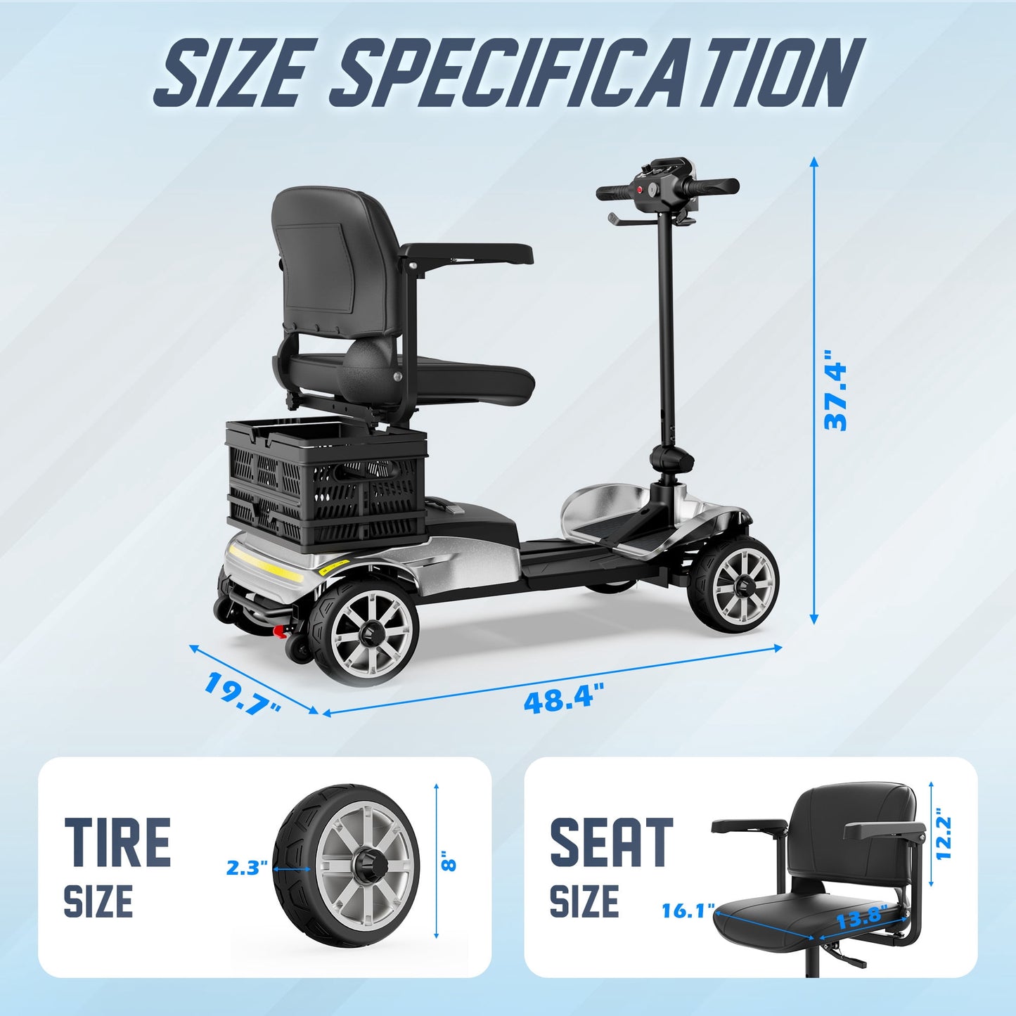REARFIT Foldable 4 Wheels Mobility Scooter for Seniors, Electric Wheelchair with Detachable Battery, Dual Baskets, Cup & Phone Holder, 330lbs, Silver
