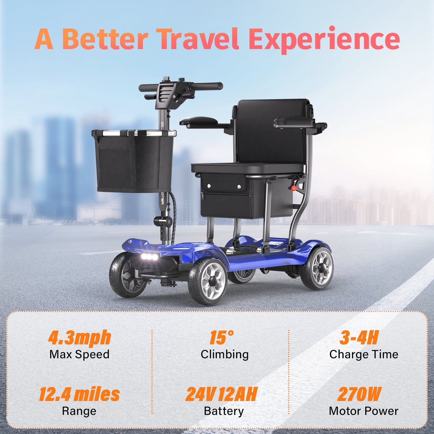 EAGLOG Light Weight 4 Wheels Mobility Scooter for Seniors, Electric Folding Wheelchair Device for Travel, Blue