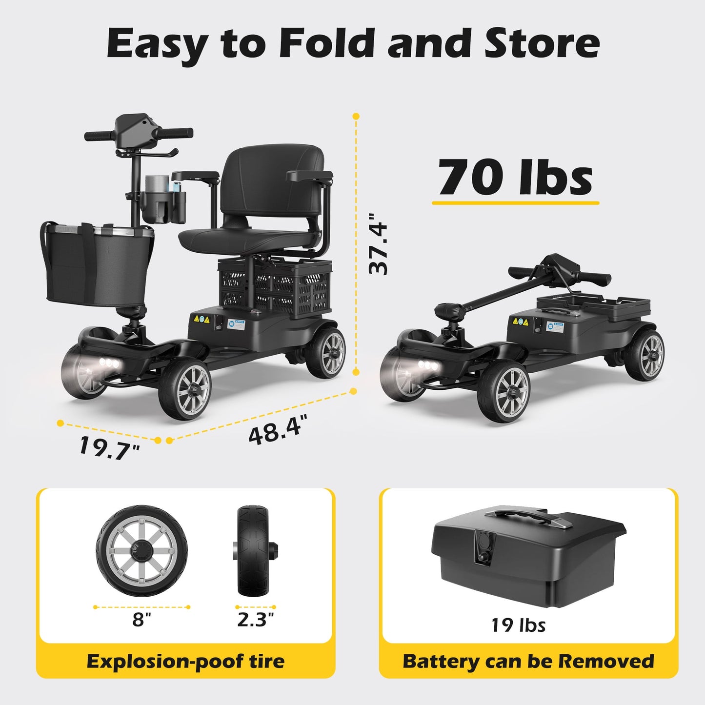 EAGLOG Upgrade 4 Wheels Mobility Scooter with Removable Battery, Compact Heavy Duty Mobile for Travel, Foldable Powered Wheelchair for Adult, 330lbs, Pink