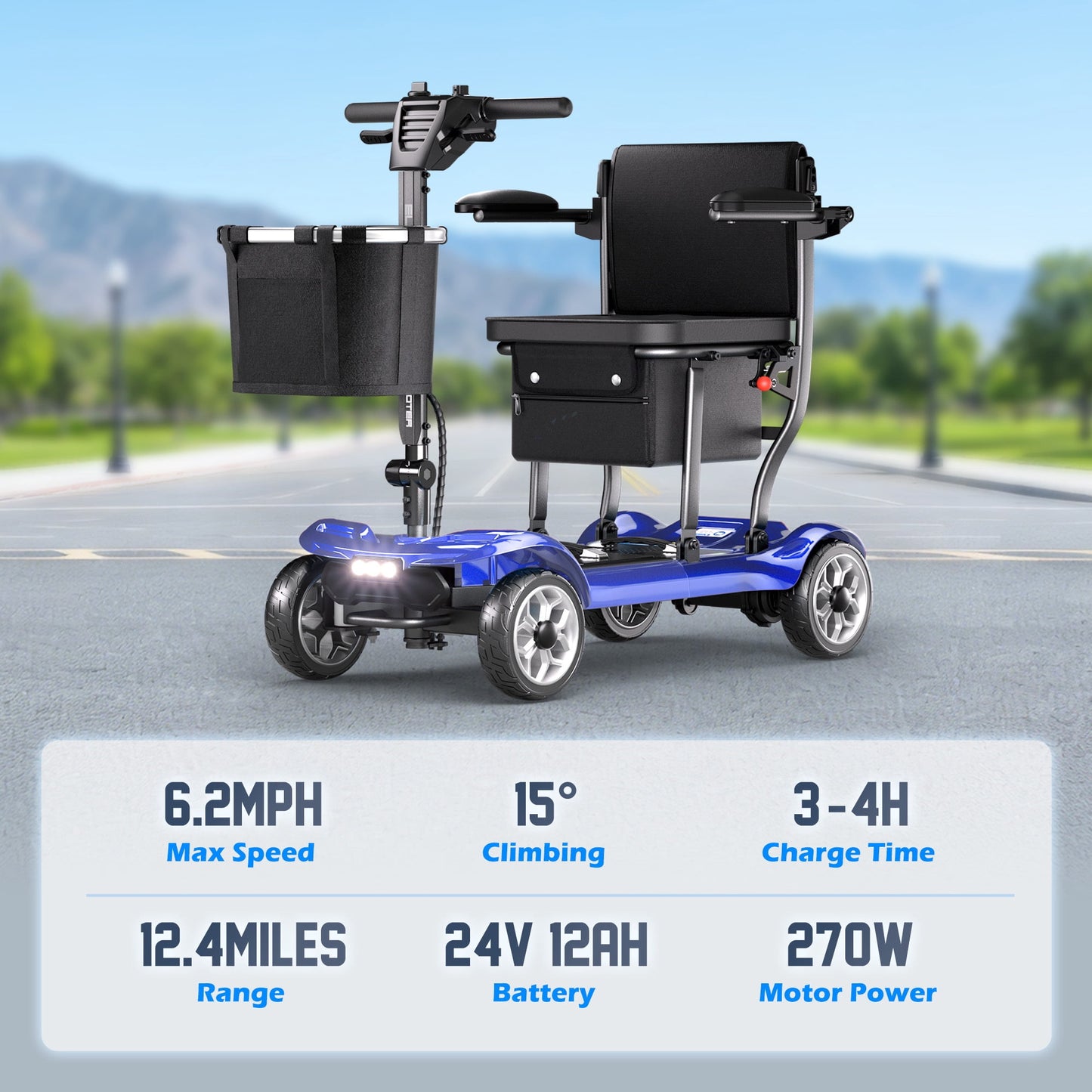REARFIT Lightweight 4 Wheel Mobility Scooter for Seniors, Cruise Airport Approved, 43lb Foldable Mobility Scooter with Removable Lithium Battery for 12.4 Miles Travel, 300lbs Capacity, Blue