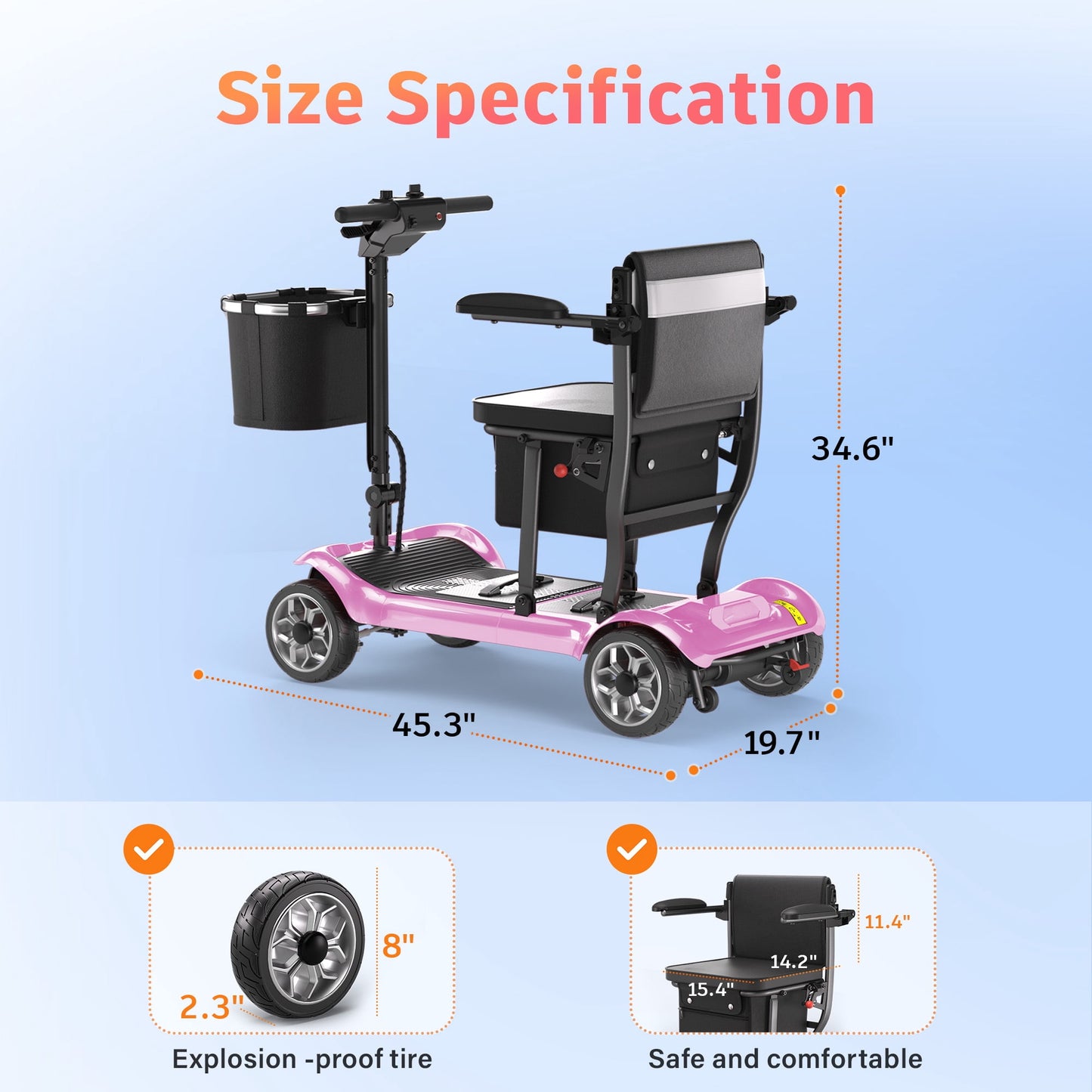 EAGLOG Light Weight 4 Wheels Mobility Scooter for Seniors, Electric Folding Wheelchair Device for Travel, Pink