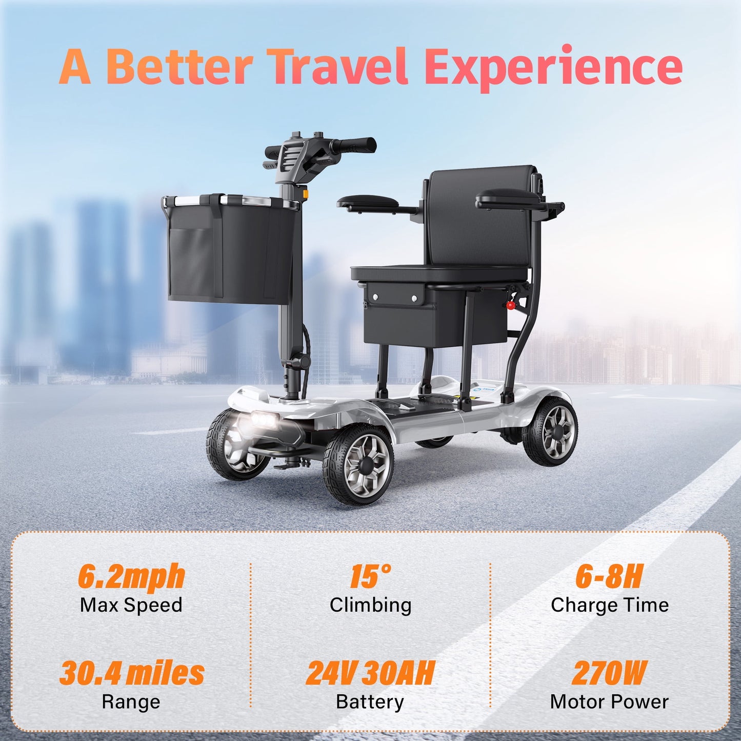 EAGLOG Light Weight 4 Wheels Mobility Scooter for Seniors, Electric Folding Wheelchair Device for Travel, 30.4 Miles Range, Silver
