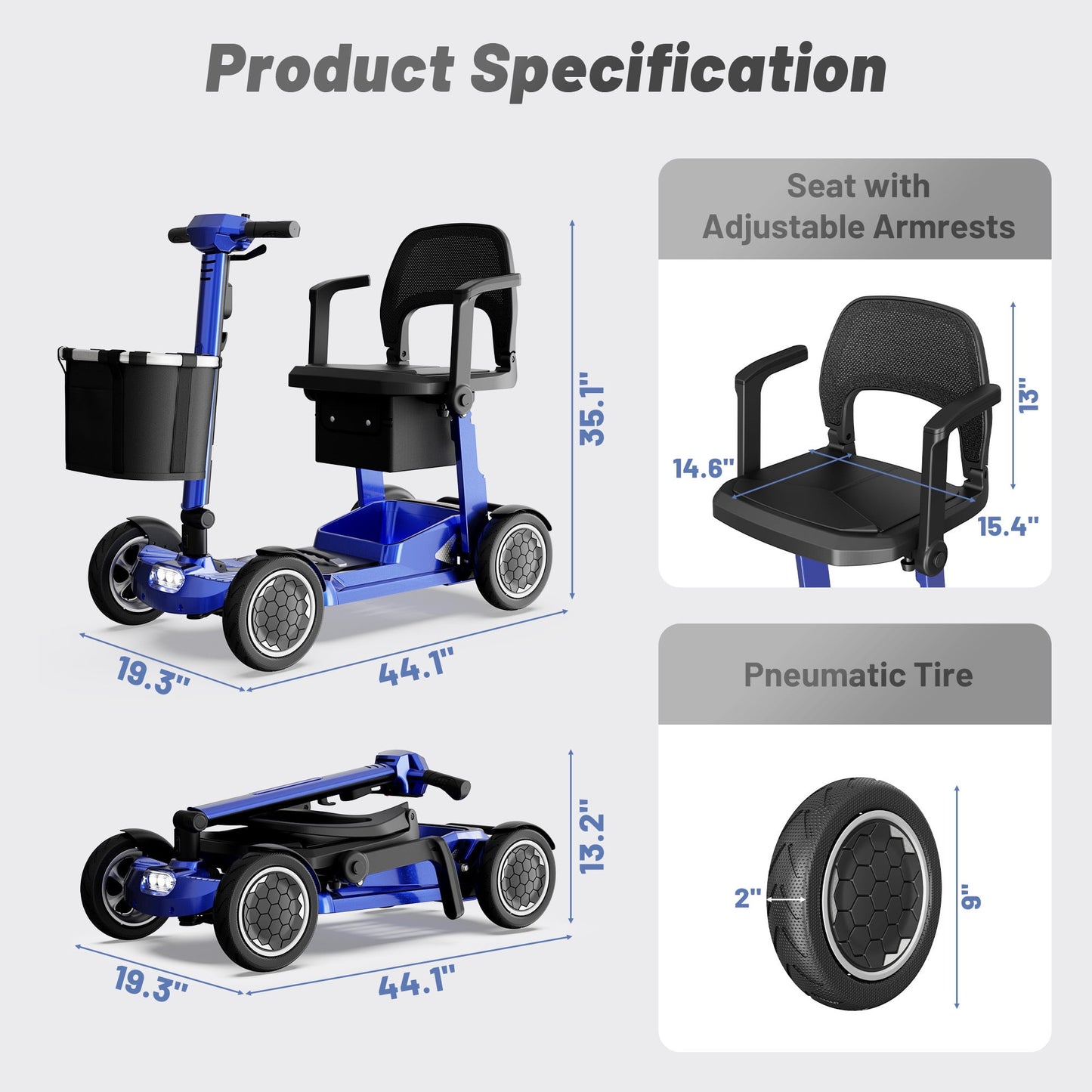 EAGLOG Lightweight Mobility Scooter for Seniors, Foldable Motorized Scooters with Removable Lithium Battery, Pneumatic Tires, Airport Approved, 12.4 Miles Range, 330lb Capacity, Blue