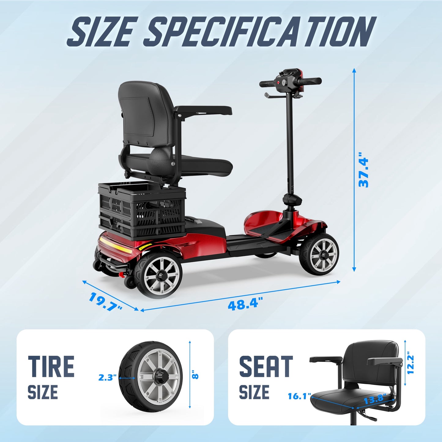 REARFIT Foldable 4 Wheels Mobility Scooter for Seniors, Electric Wheelchair with Detachable Battery, Dual Baskets, Cup & Phone Holder, 330lbs, Red