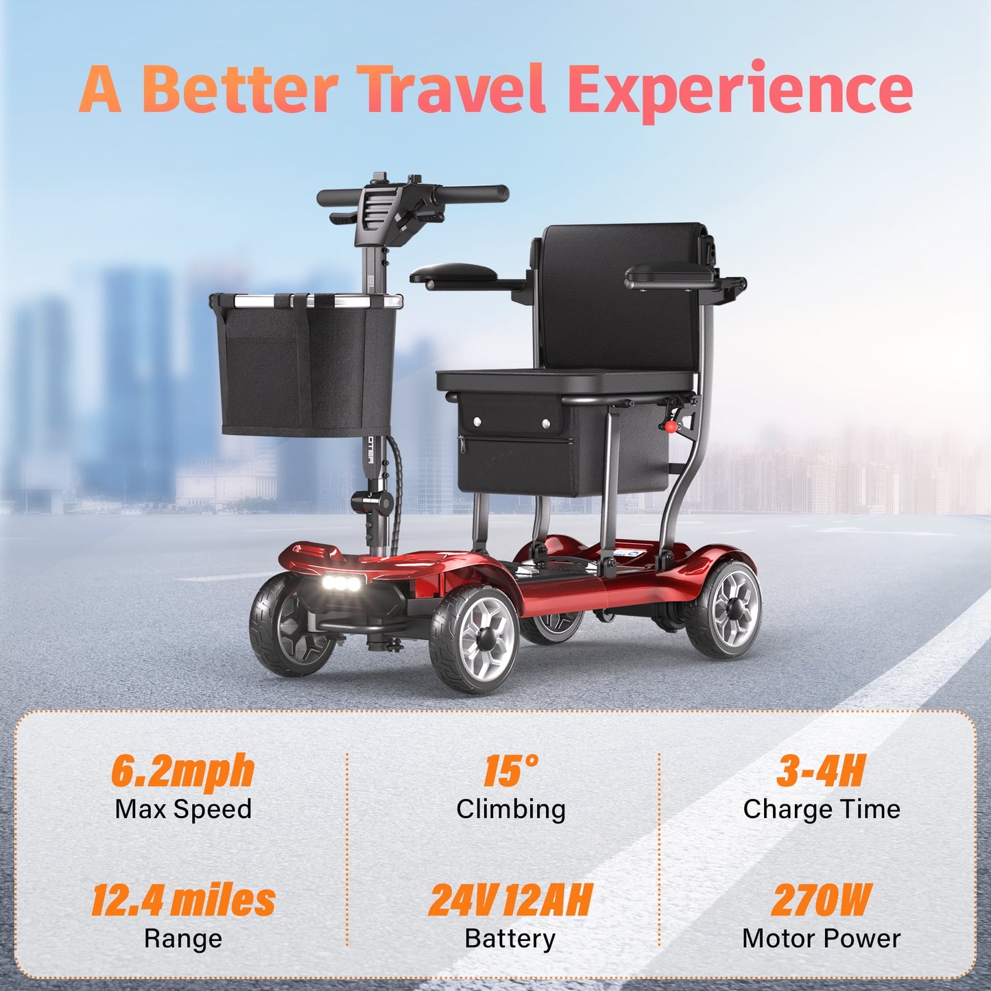 EAGLOG Light Weight 4 Wheels Mobility Scooter for Seniors, Electric Folding Wheelchair Device for Travel, Red