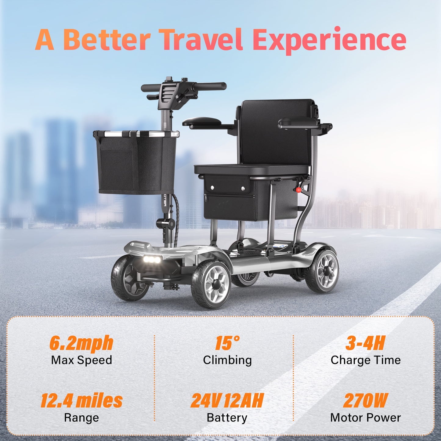 EAGLOG Light Weight 4 Wheels Mobility Scooter for Seniors, Electric Folding Wheelchair Device for Travel, 12.4 Miles Range, Silver