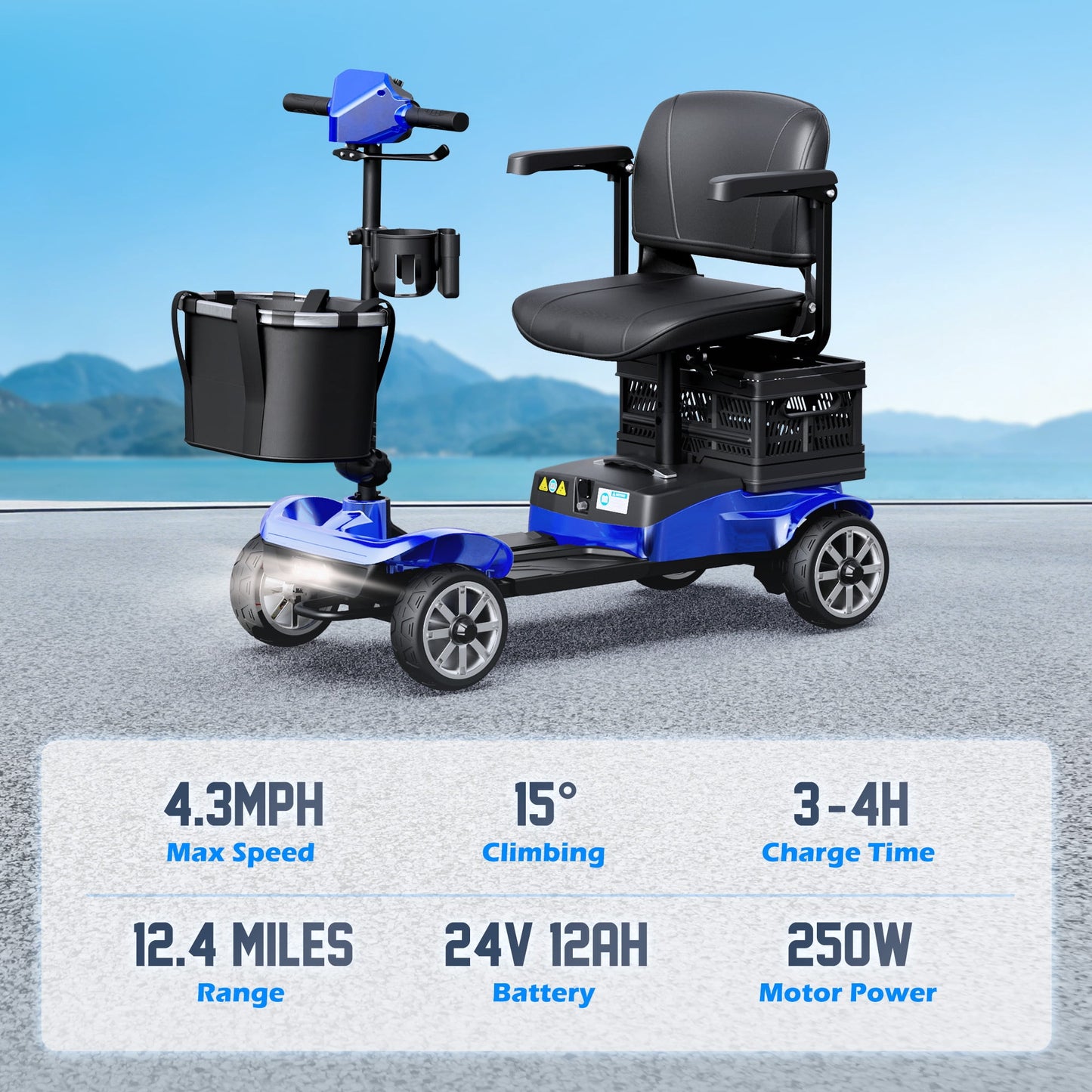 REARFIT Foldable 4 Wheels Mobility Scooter for Seniors, Electric Wheelchair with Detachable Battery, Dual Baskets, Cup & Phone Holder, 330lbs, Blue