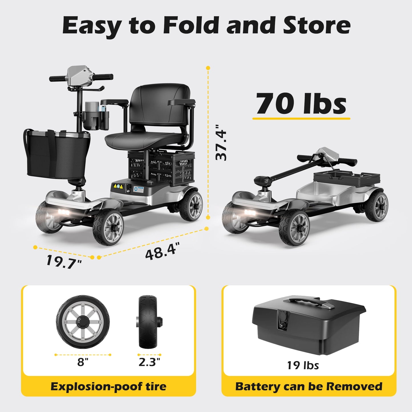 EAGLOG Upgrade 4 Wheels Mobility Scooter with Removable Battery, Compact Heavy Duty Mobile for Travel, Foldable Powered Wheelchair for Adult, 330lbs, Silver