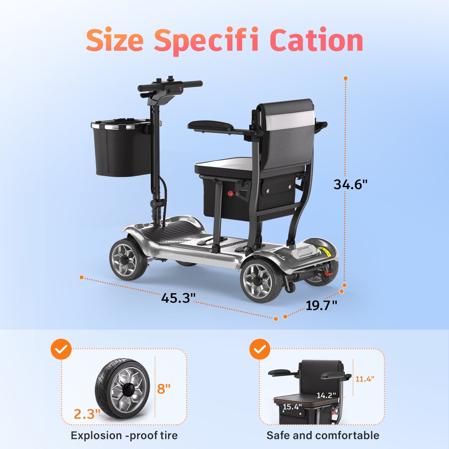 EAGLOG Light Weight 4 Wheels Mobility Scooter for Seniors, Electric Folding Wheelchair Device for Travel, 12.4 Miles Range, Silver