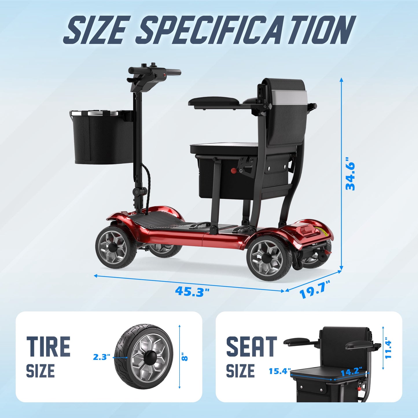 REARFIT Lightweight 4 Wheel Mobility Scooter for Seniors, Cruise Airport Approved, 43lb Foldable Mobility Scooter with Removable Lithium Battery for 24.8 Miles Travel, 300lbs Capacity, Red