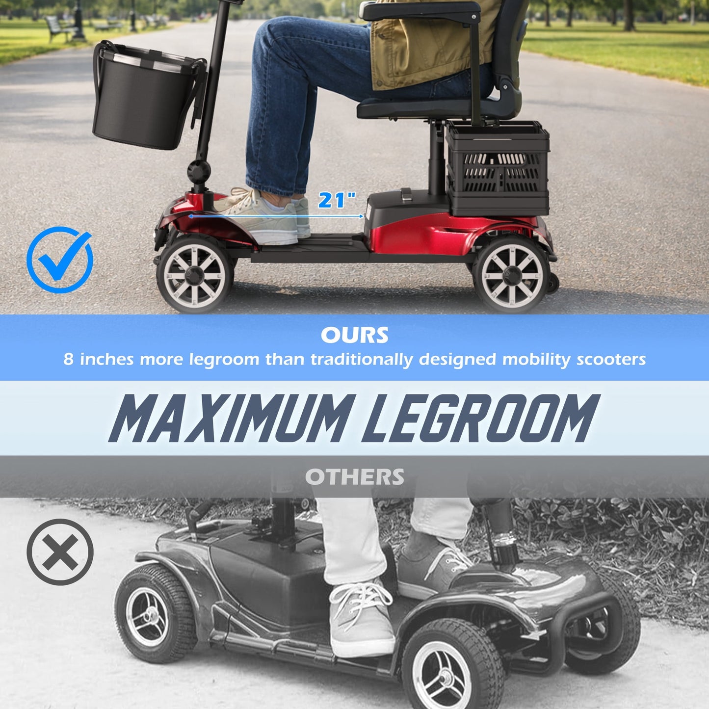 REARFIT Foldable 4 Wheels Mobility Scooter for Seniors, Electric Wheelchair with Detachable Battery, Dual Baskets, Cup & Phone Holder, 330lbs, Red