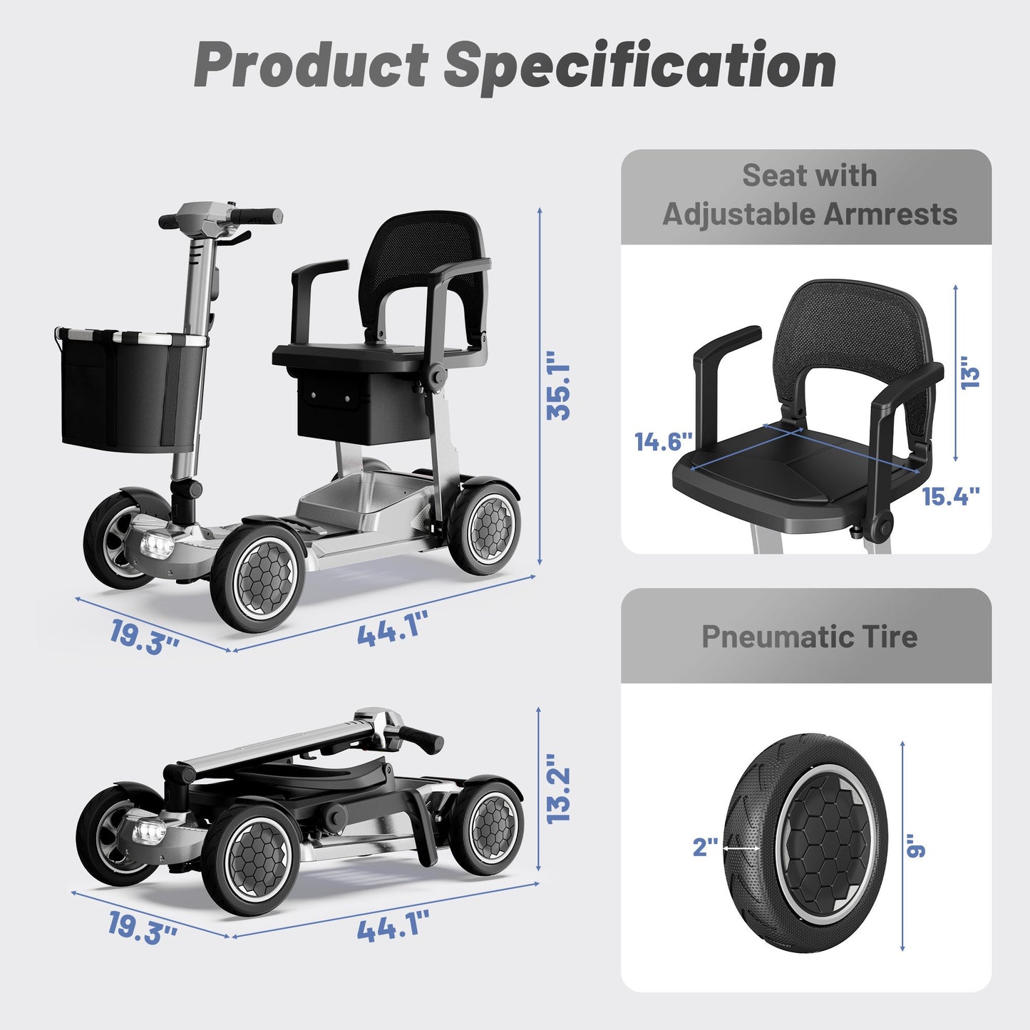 EAGLOG Lightweight Mobility Scooter for Seniors, Foldable Motorized Scooters with Removable Lithium Battery, Pneumatic Tires, Airport Approved, 12.4 Miles Range, 330lb Capacity, Silver