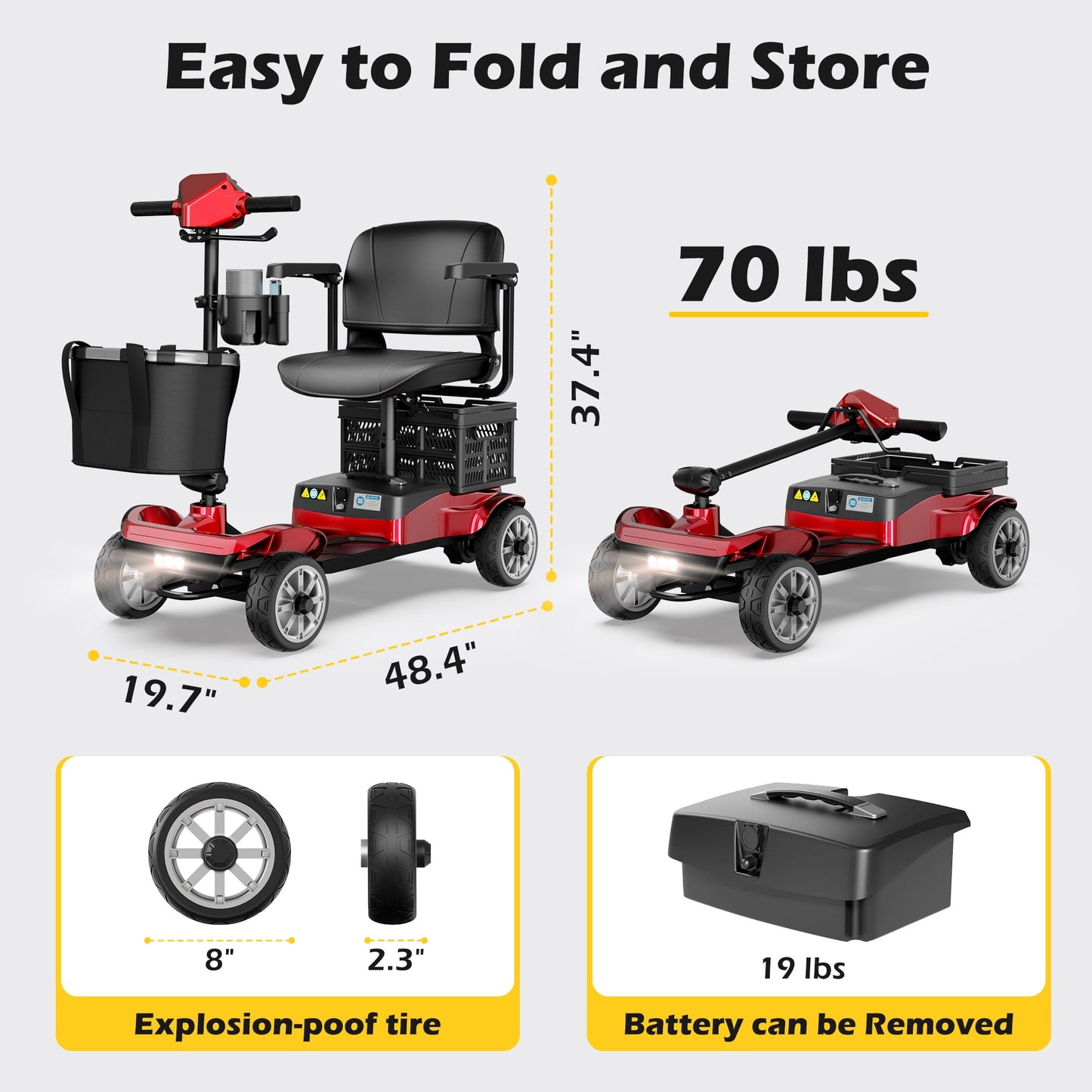 EAGLOG Upgrade 4 Wheels Mobility Scooter with Removable Battery, Compact Heavy Duty Mobile for Travel, Foldable Powered Wheelchair for Adult, 330lbs, Red