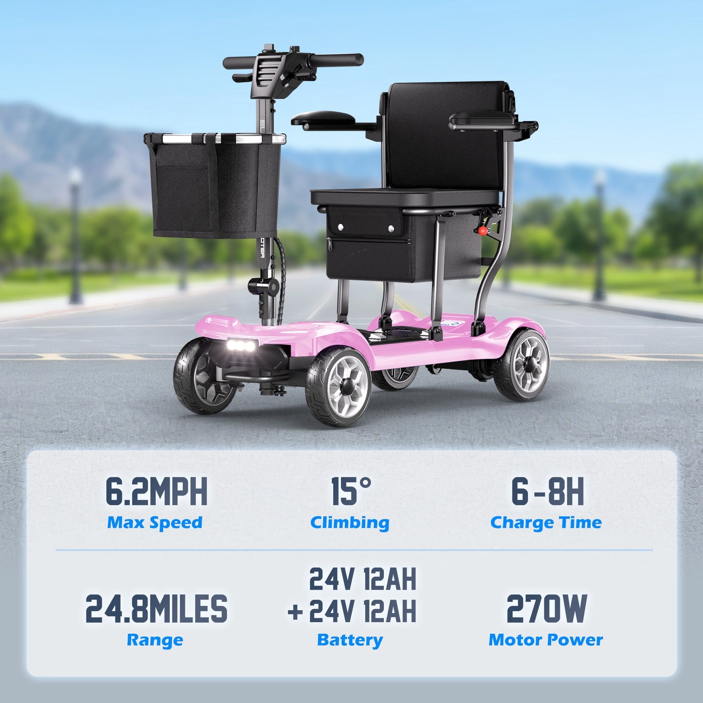 REARFIT Lightweight 4 Wheel Mobility Scooter for Seniors, Cruise Airport Approved, 43lb Foldable Mobility Scooter with Removable Lithium Battery for 24.8 Miles Travel, 300lbs Capacity, Pink
