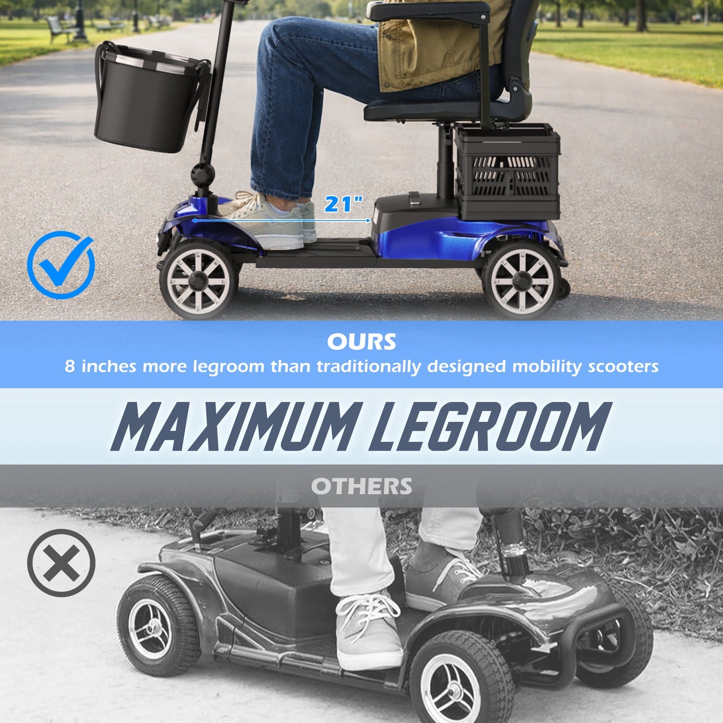 REARFIT Foldable 4 Wheels Mobility Scooter for Seniors, Electric Wheelchair with Detachable Battery, Dual Baskets, Cup & Phone Holder, 330lbs, Blue