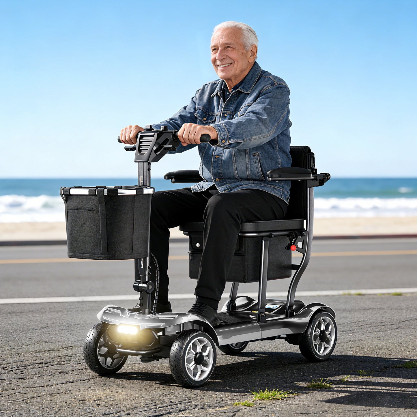 REARFIT Lightweight 4 Wheel Mobility Scooter for Seniors, Cruise Airport Approved, 43lb Foldable Mobility Scooter with Removable Lithium Battery for 12.4 Miles Travel, 300lbs Capacity, Silver