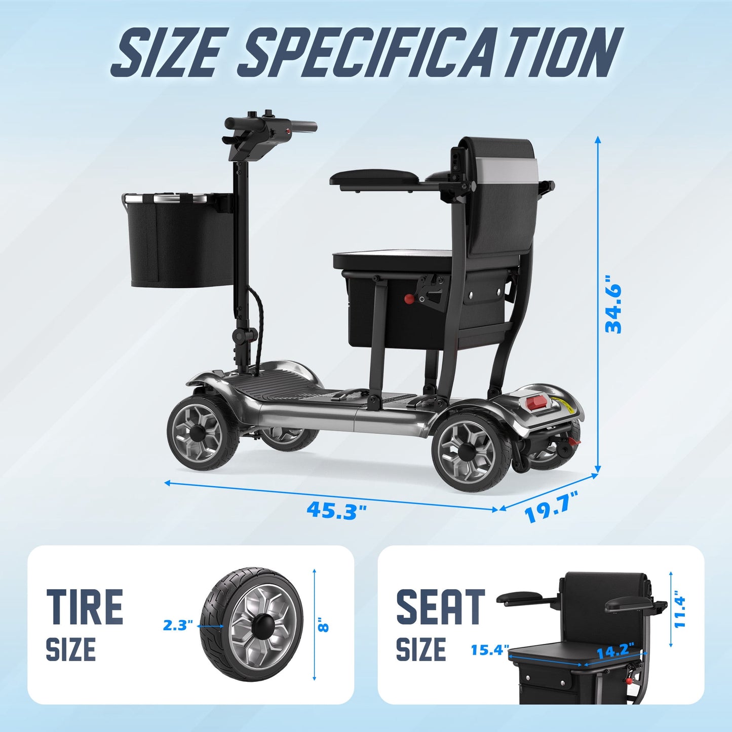 REARFIT Lightweight 4 Wheel Mobility Scooter for Seniors, Cruise Airport Approved, 43lb Foldable Mobility Scooter with Removable Lithium Battery for 24.8 Miles Travel, 300lbs Capacity, Silver