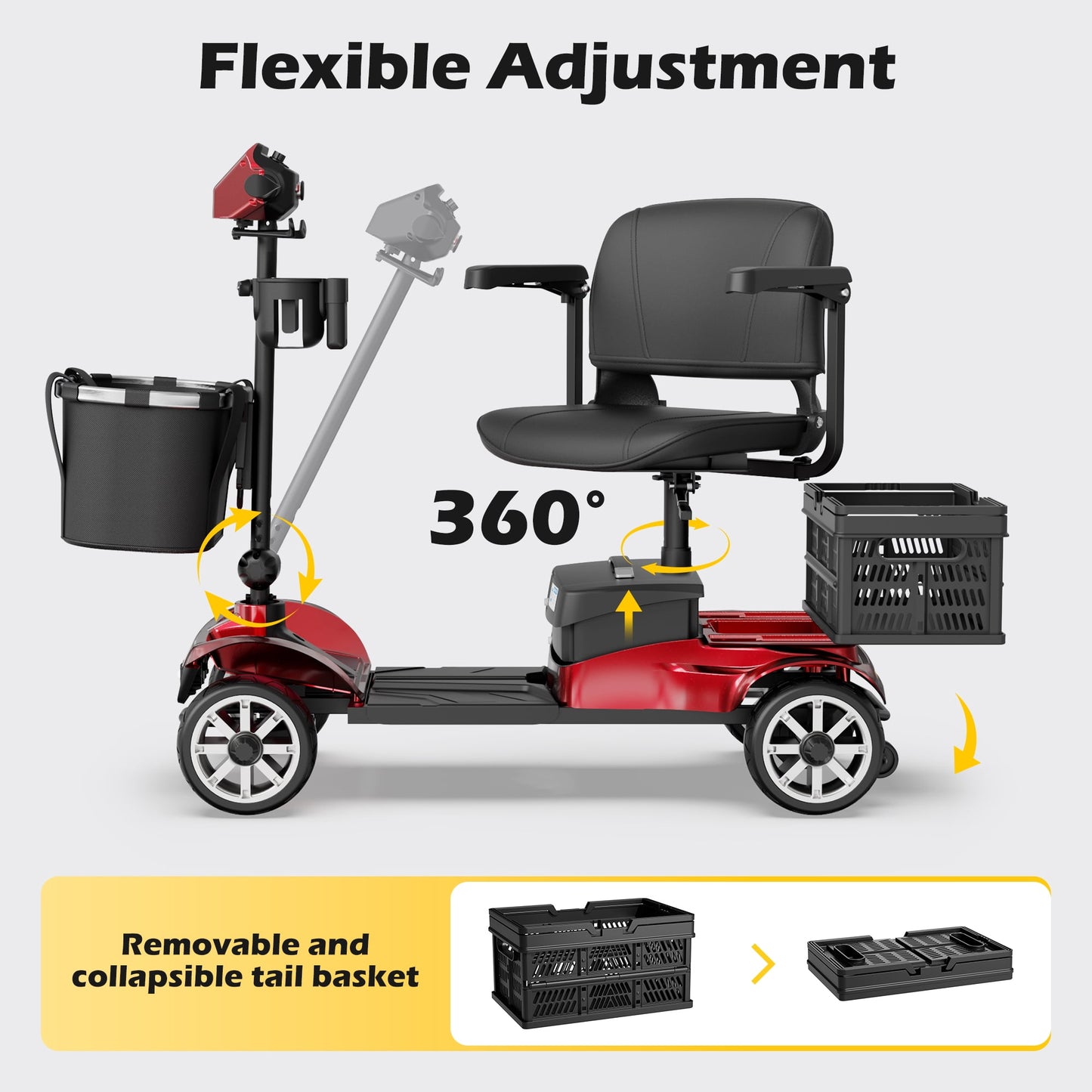 EAGLOG Upgrade 4 Wheels Mobility Scooter with Removable Battery, Compact Heavy Duty Mobile for Travel, Foldable Powered Wheelchair for Adult, 330lbs, 2 Batteries, 30 Miles Range, Red