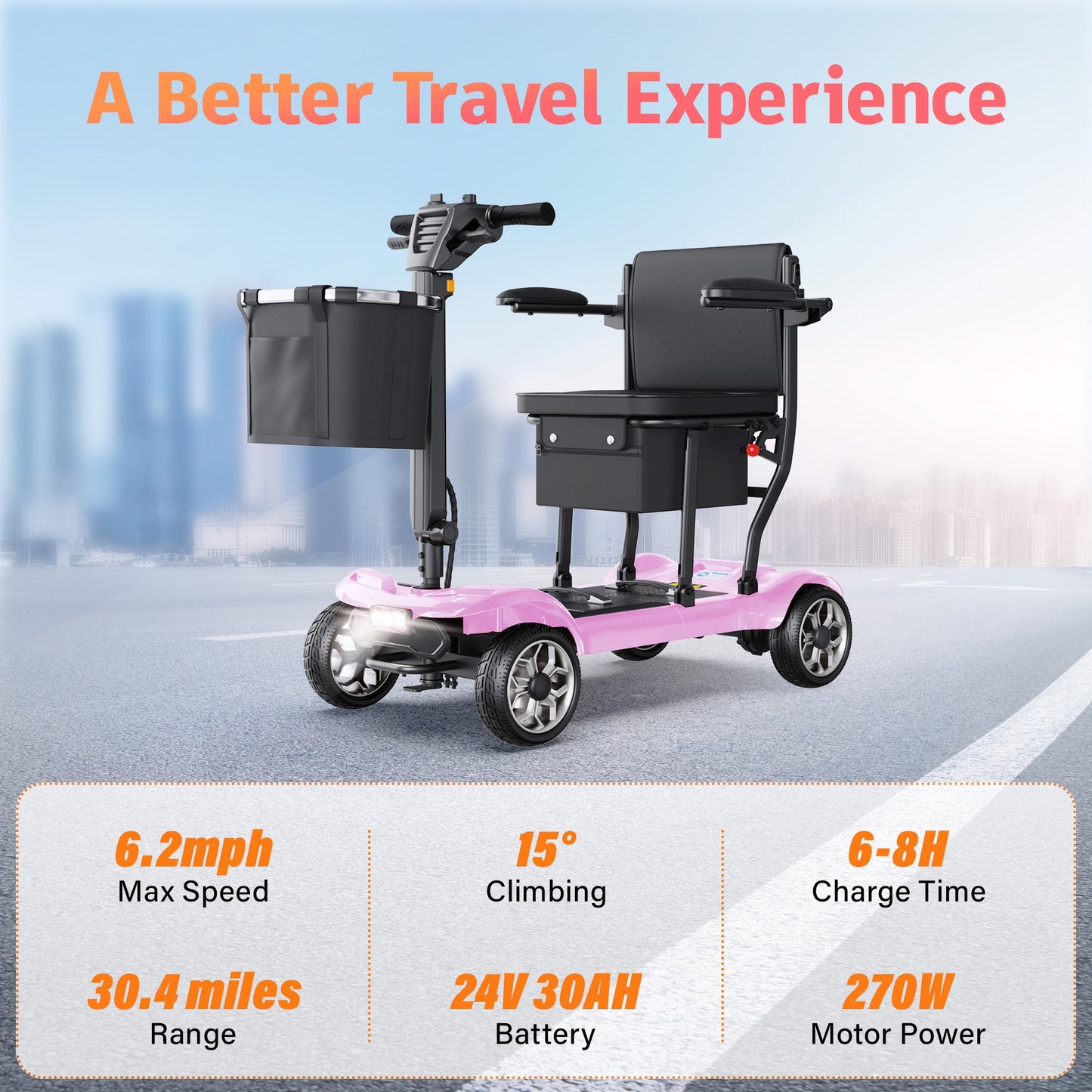 EAGLOG Light Weight 4 Wheels Mobility Scooter for Seniors, Electric Folding Wheelchair Device for Travel, 30.4 Miles Range, Pink