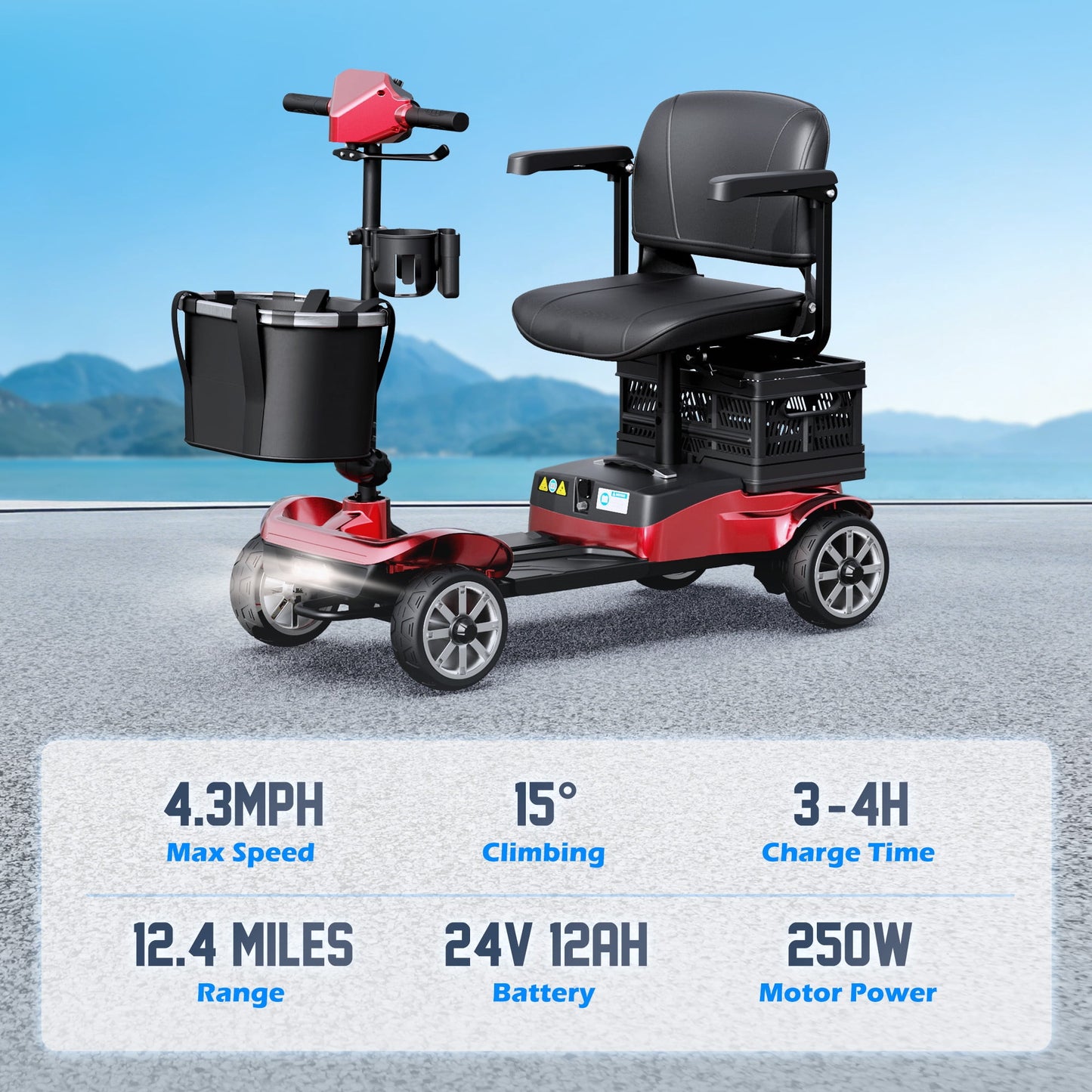 REARFIT Foldable 4 Wheels Mobility Scooter for Seniors, Electric Wheelchair with Detachable Battery, Dual Baskets, Cup & Phone Holder, 330lbs, Red