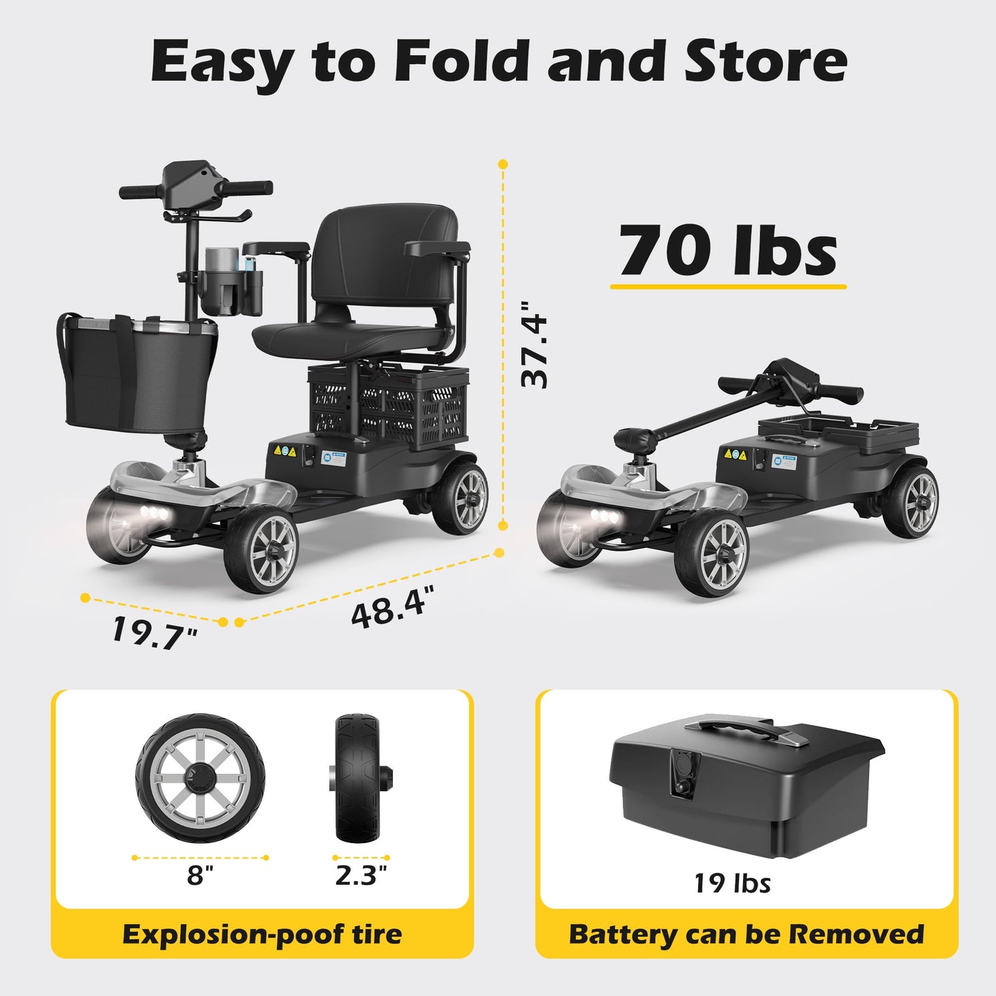 EAGLOG Upgrade 4 Wheels Mobility Scooter with Removable Battery, Compact Heavy Duty Mobile for Travel, Foldable Powered Wheelchair for Adult, 330lbs, Silver