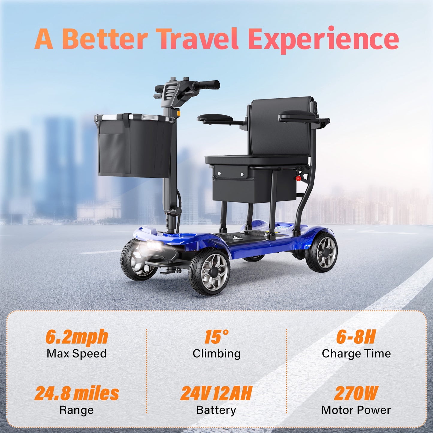 EAGLOG Light Weight 4 Wheels Mobility Scooter for Seniors, Electric Folding Wheelchair Device for Travel, 24.8 Miles Range, Blue
